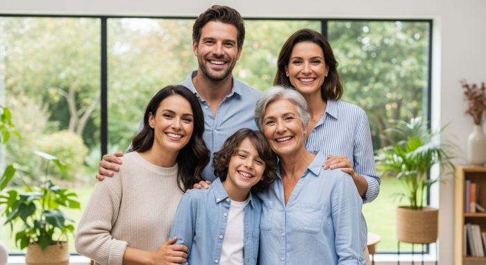 A happy, multi-generational family smiling, showing the peace of mind provided by Humana Dental Insurance.
