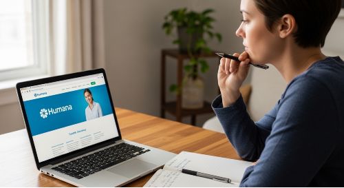 A person at a desk carefully comparing Humana dental plan options on their laptop.