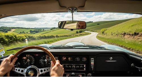 Driving a classic car on a scenic road, debunking the myth that classic car insurance stops you from driving.