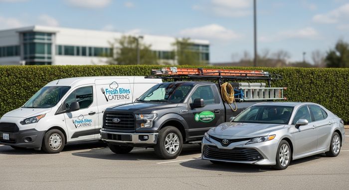 A delivery van, pickup truck, and sedan representing vehicles that require commercial auto insurance.