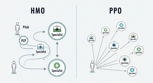 An illustration comparing the restrictive path of an HMO plan to the flexible choices of a PPO plan.