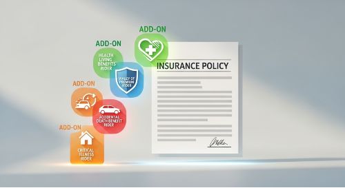 Icons representing different life insurance riders, such as living benefits and waiver of premium.
