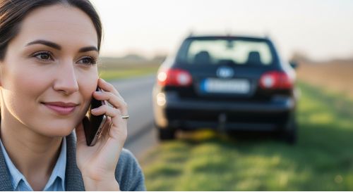 A driver calmly making a phone call to their insurance company after a car incident.