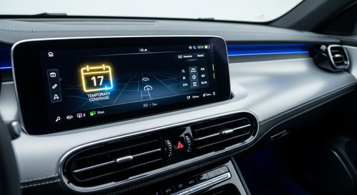 Modern car dashboard display showing a calendar icon, representing temporary car insurance.