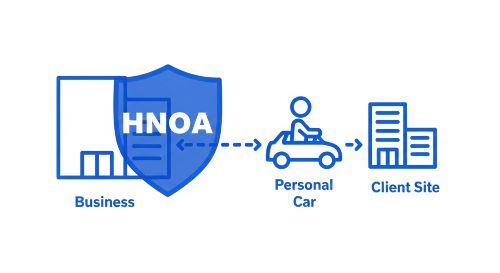 Diagram explaining how HNOA insurance protects a business when employees use their personal cars for work.