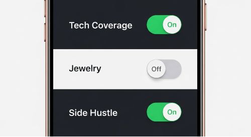 Digital toggle switches on an app for "Tech" and "Side Hustle" insurance coverage.