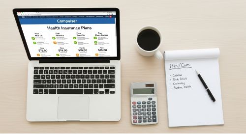 A person sitting at a desk with a calculator and a laptop showing plan comparisons, looking thoughtfully as they make a decision.