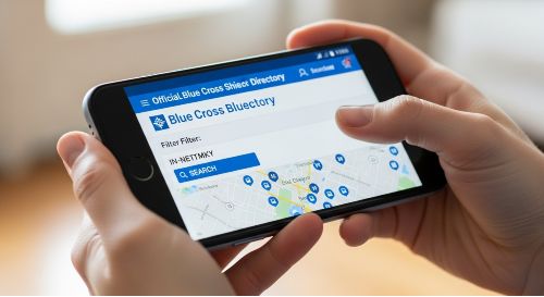 A person using a smartphone to search the online directory for blue cross blue shield providers.
