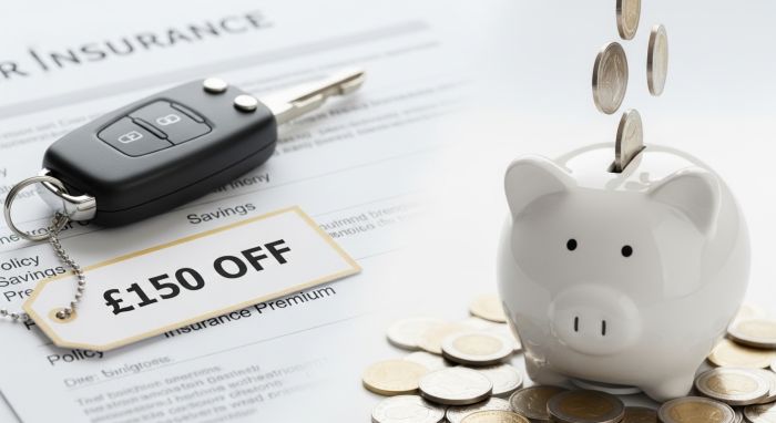 A car key with a price tag and a piggy bank on an insurance policy, symbolizing ways to save money on car insurance costs.