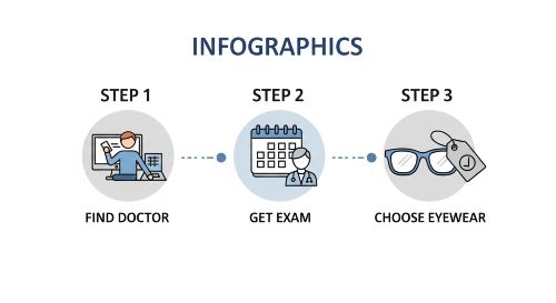 A 3-step infographic on how to use Eyemed vision insurance coverage.