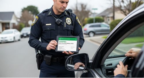 Police officer checking a driver's details on a tablet, verifying legal insurance.