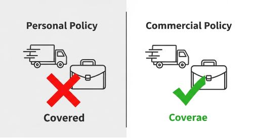 Diagram showing business use is excluded from personal auto insurance but covered by commercial auto insurance.