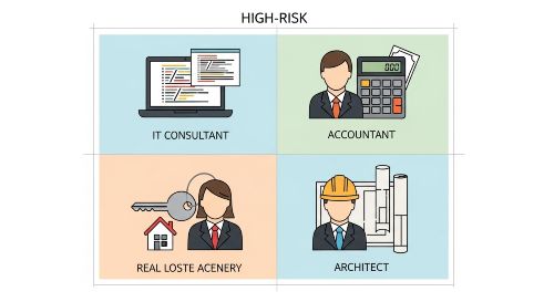 A collage of professionals who need E&O insurance, including IT consultants, accountants, and architects.