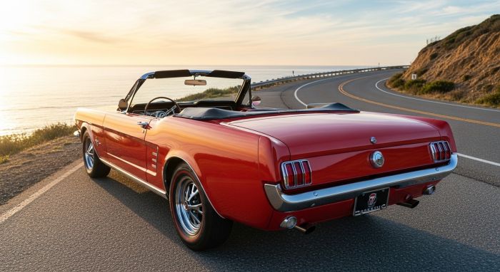 A beautiful red classic car insurance policy example, parked at sunset.