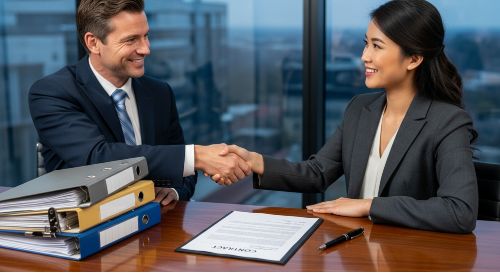 A professional and client shake hands over a signed contract, illustrating how to reduce liability risk.