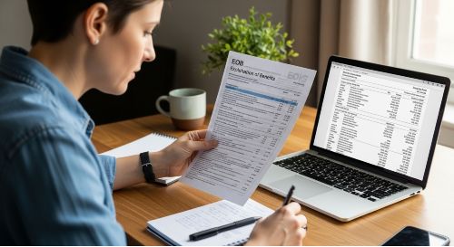 A person carefully reviewing their Blue Cross Blue Shield Explanation of Benefits (EOB) and medical bill.