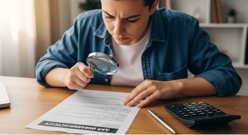 A person using a magnifying glass to review their car insurance policy, checking for ways to adjust coverage and save money.