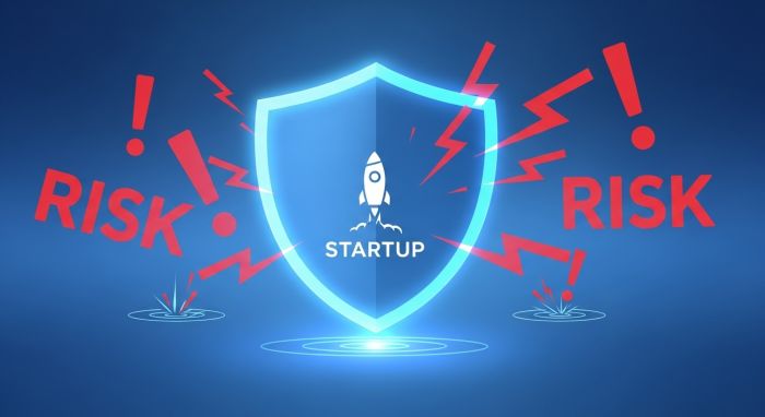 A blue shield protecting a startup logo from risks, symbolizing affordable business insurance.