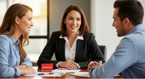 A friendly agent providing a personal consultation to a couple.