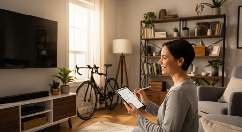 A renter taking a home inventory of their belongings before buying insurance.