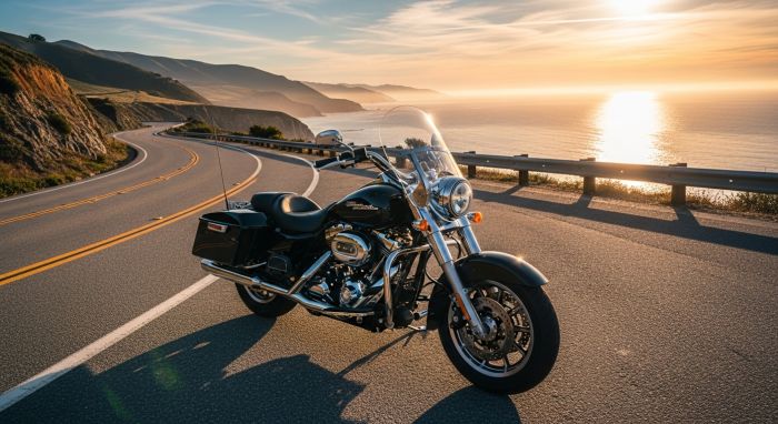 A motorcycle on a scenic open road, illustrating the need for motorcycle insurance.