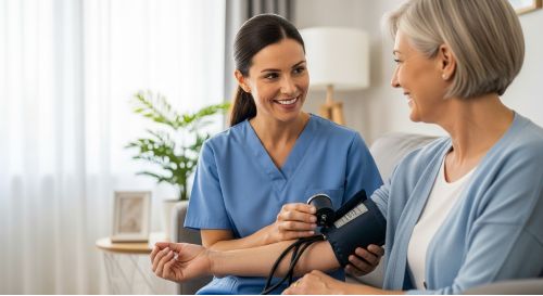 A nurse conducting a friendly life insurance medical exam with a client at home.