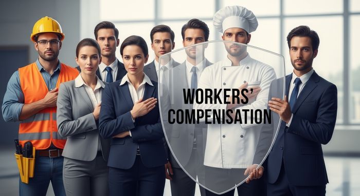 A business owner holding a large shield labeled "Workers' Compensation" to protect their employees from harm.