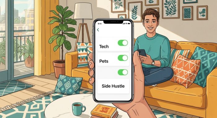 A renter customizing their Toggle insurance policy on a smartphone in a modern apartment.