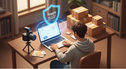 Illustration of a home office with freelance gear protected by Toggle's Side Hustle insurance.