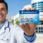 A person holding a United Healthcare insurance card, with a doctor and hospital in a soft-focus background, representing health and security.