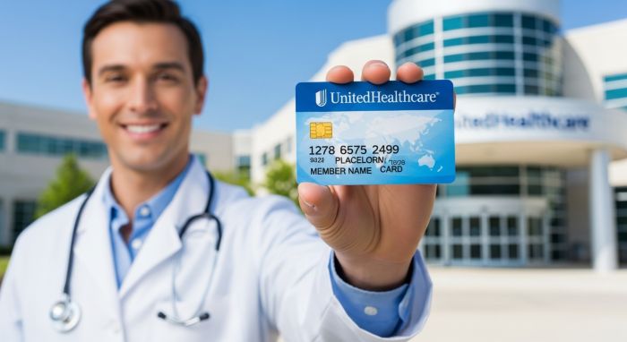 A person holding a United Healthcare insurance card, with a doctor and hospital in a soft-focus background, representing health and security.