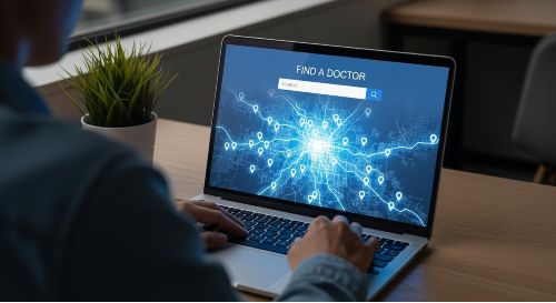 A person using a laptop to search a large, digital network map of doctors, symbolizing the flexibility of a PPO plan.