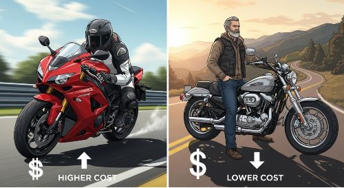 A visual comparison of high-risk (sportbike) and low-risk (cruiser) factors for motorcycle insurance.