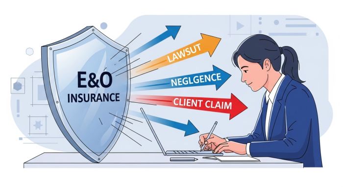 A conceptual image of an E&O insurance shield protecting a professional from legal claims and lawsuits.