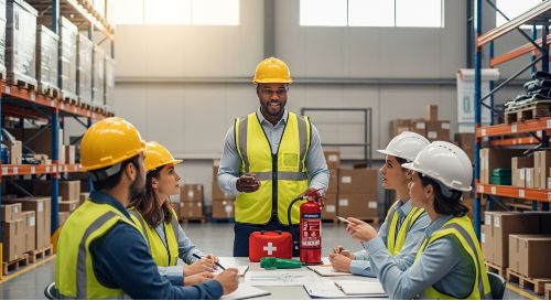 A supervisor leading a workplace safety meeting with employees to help lower insurance costs.