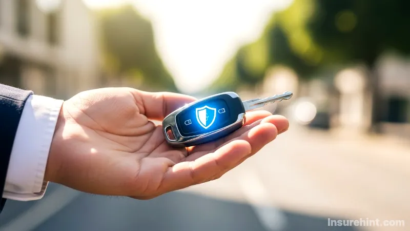 Hand holding a car key with a protective shield icon, representing non-owner car insurance.