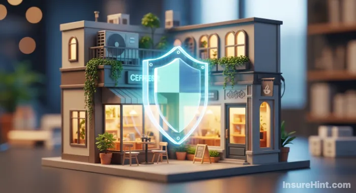 A glowing shield icon protecting a small business, illustrating the concept of general liability insurance.