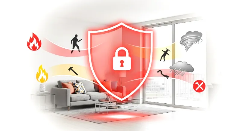 A modern apartment living room protected by a digital shield, representing State Farm Renters Insurance.