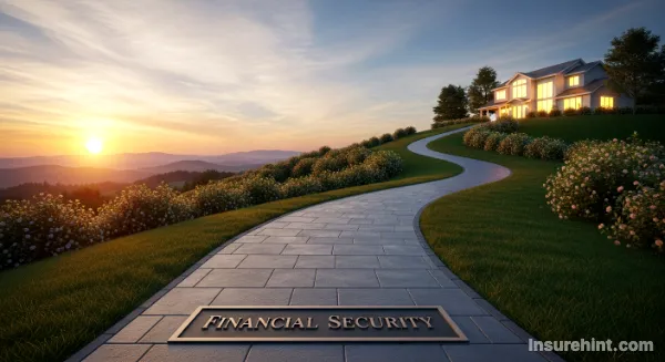 A path labeled "Financial Security" leading to a safe home, symbolizing the outcome of getting life insurance.