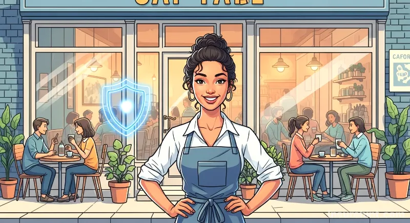 A small business owner protected by a shield icon representing business insurance.