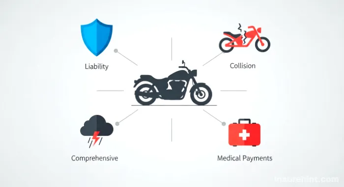 Diagram showing core coverages of motorcycle insurance like liability and collision.