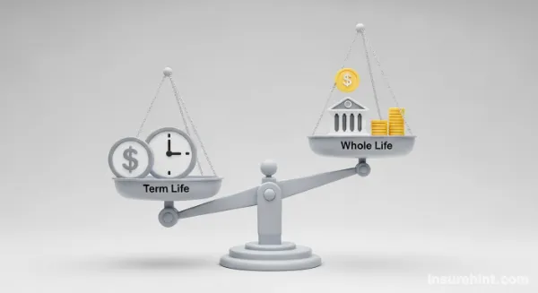 A balance scale comparing term life insurance (affordable, temporary) and whole life insurance (costlier, permanent with cash value).