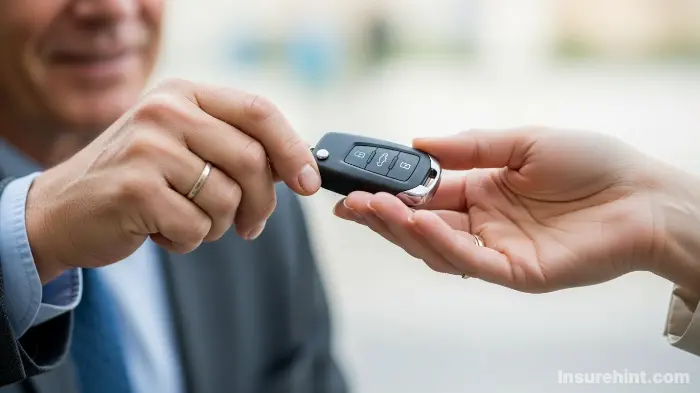 A person handing car keys to a friend, symbolizing borrowing a car with proper insurance.