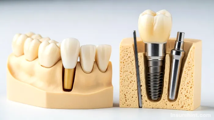 A detailed model of a dental crown and a dental implant, representing major dental procedures.