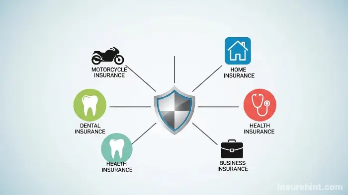 An infographic showing various types of specialized insurance including motorcycle, dental, and business.
