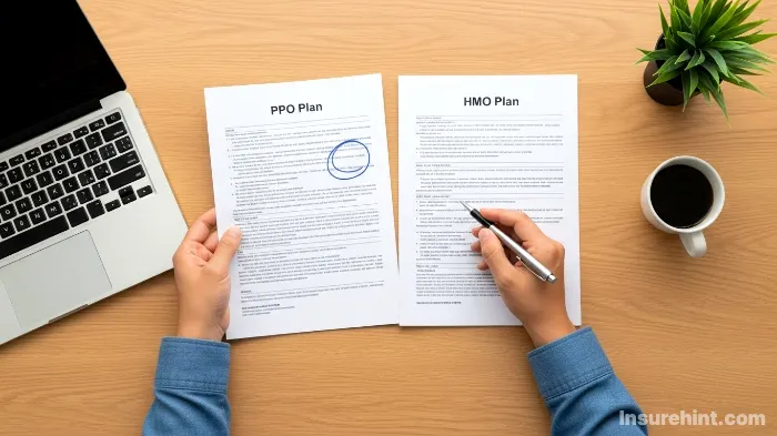 A person comparing the details of a PPO and an HMO dental plan document.