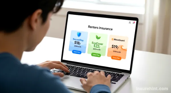 A person comparing cheap renters insurance quotes from different providers on a laptop.