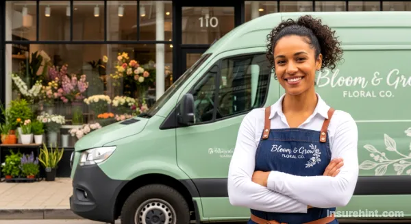 A happy business owner standing confidently in front of their insured work van.