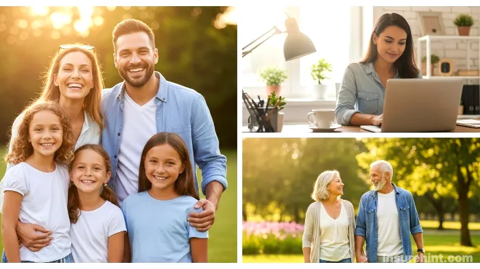 A collage showing a family, a freelancer, and a senior couple who can benefit from Aetna dental plans.