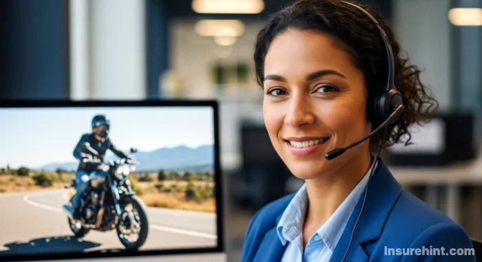 A Geico customer service representative helping a motorcyclist with their insurance policy.